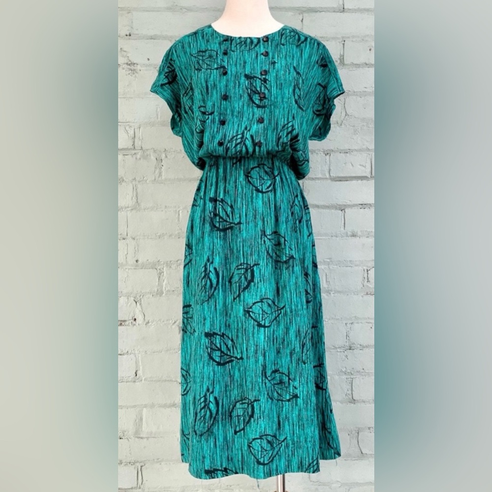 Vintage Midi Print Dress in Green and Black